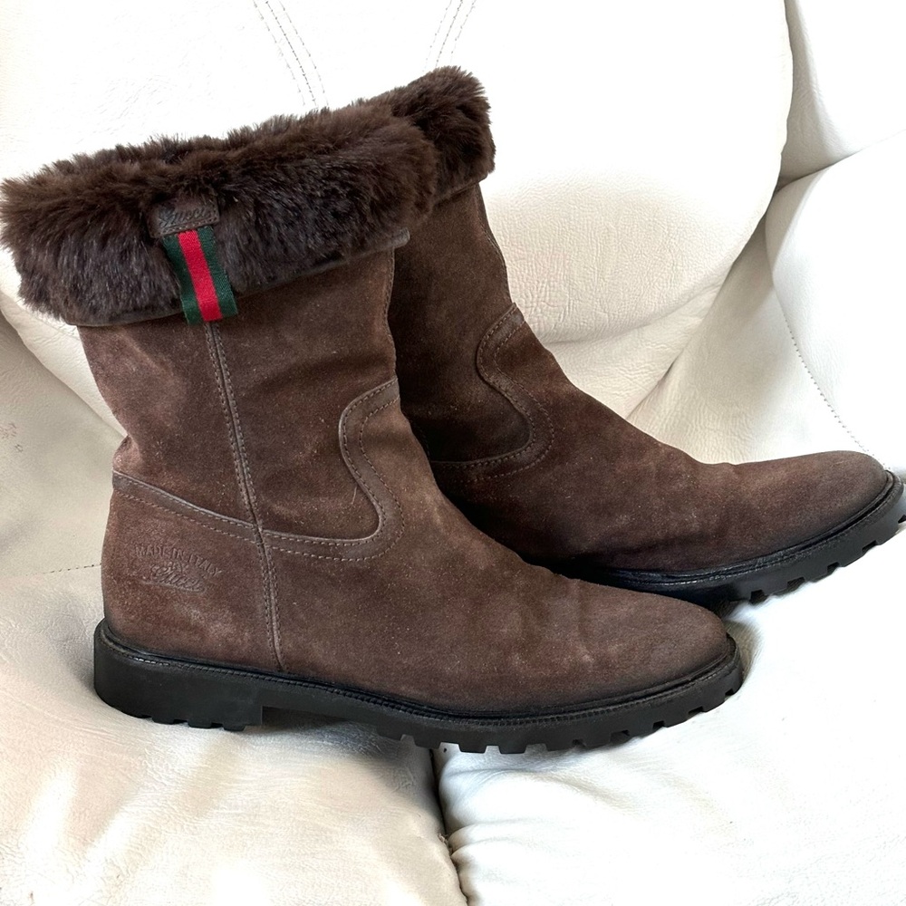 Gucci Web Brown Distressed Suede Fur Boots